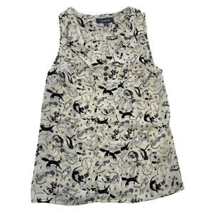 ModCloth Shirt Womens‎ XS Ivory Black Cat Print Sleeveless V Neck Blouse Top